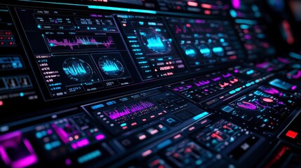 Fototapeta premium Futuristic Tech Dashboard Digital Interface Data Analytics Neon UI Sci Fi Control Panel Graphs