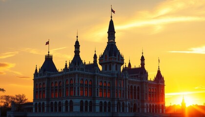 Fototapeta premium Elegant Castle Silhouetted Against a Vivid Sunset Sky