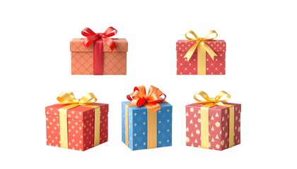 Fototapeta premium Five Festive Gift Boxes Red have gold and red ribbons one blue box has orange and gold ribbons and one red box has gold ribbons. All are beautifully wrapped.
