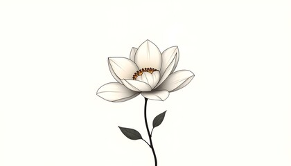 Elegant White Magnolia Flower Illustration of a single white magnolia flower with dark green leaves on a stem against a white background. The style is simple and elegant.