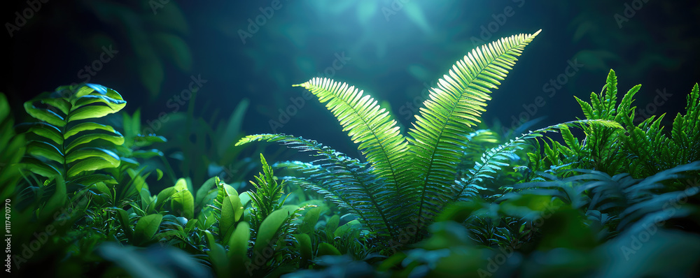 Poster Lush green foliage illuminated by soft light, creating a serene jungle atmosphere.