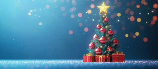 Árbol de navidad decorado con bolas de navidad- estrella dorada en su parte superior y paquetes regalos rojos en su base- sobre fondo azul- con círculos dorados efecto bokeh