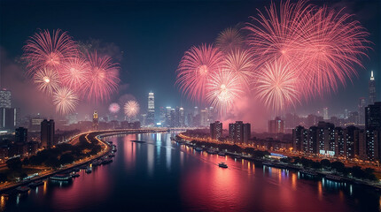 Fototapeta premium a busy city by the river and fireworks 2