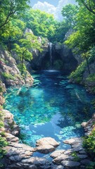 Naklejka premium A serene forest scene with a crystal-clear pool, surrounded by lush greenery and a gentle waterfall, evoking tranquility and natural beauty.