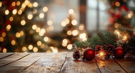 Mesa de madera sobre fondo desenfocado bokeh de decoraci&oacute;n navide&ntilde;a-  con &aacute;rbol de navidad- guirnaldas- concepto navidad