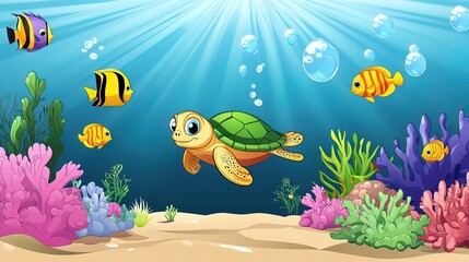 Fototapeta premium Cartoon Illustration of a Turtle and Fish in the Ocean