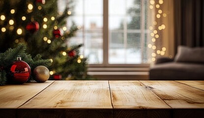 Mesa de madera sobre fondo de salón con árbol de navidad decorado con bolas de navidad e iluminación- ventana con visas- sofá y estantería
