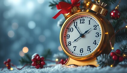 Christmas Countdown Festive Gold Alarm Clock Snowy Scene New Year. Its nearly midnight symbolizing the New Years countdown.