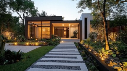 Moderna casa lujosa familiar de hormigón arquitectónico gris y blanco de una planta- con grandes ventanales y gran camino de entrada- jardín muy cuidado con plantas e iluminado al atardecer