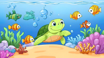 Fototapeta premium Cheerful Turtle Swimming Through a Vibrant Reef