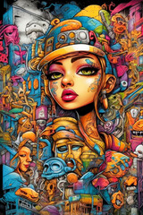 Fototapeta premium Complex and rich composition in graffiti style, combining bright colors, diverse images and elements of urban culture. Street art, contemporary artwork.