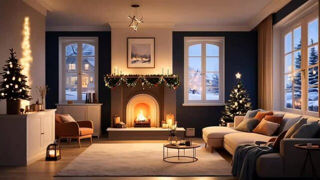Cozy Christmas living room interior with fireplace, decorated Christmas trees, and warm lighting, perfect for holiday celebrations and family gatherings.
