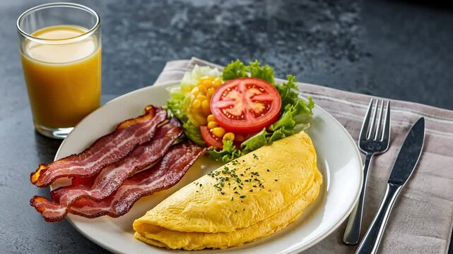 A glass of juice, slices of bacon, an omelette, and a small salad of tomato lettuce and corn on a white plate.