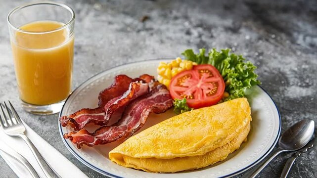 A glass of juice, slices of bacon, an omelette, and a small salad of tomato lettuce and corn on a white plate.