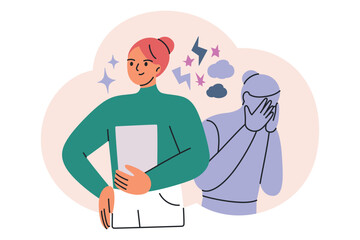 Vector illustration of imposter syndrome concept, confident woman and anxious shadow or abstract inner self. Flat cartoon design showing emotions, self esteem, mental health, and inner struggles