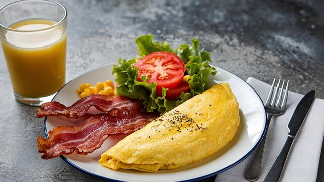 A glass of juice, slices of bacon, an omelette, and a small salad of tomato lettuce and corn on a white plate.