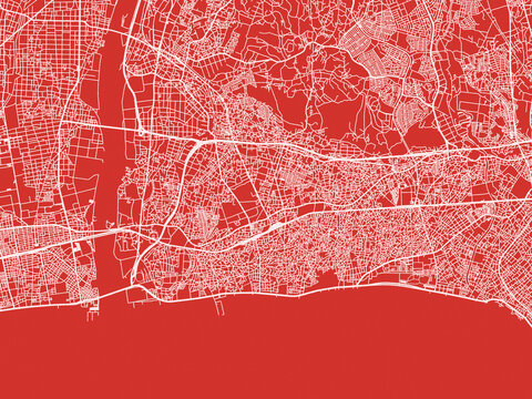 Christmas Map of Chigasaki, Japan in Snowy White on Festive Red Background.