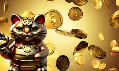 Golden fortune cat surrounded by falling coins symbolizing wealth, prosperity, and cryptocurrency success - Powered by Adobe