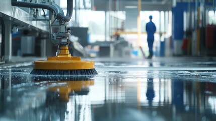 A cleaning brush is used on a shiny floor in an industrial space, with a worker visible in the background, highlighting a focus on cleanliness and maintenance.