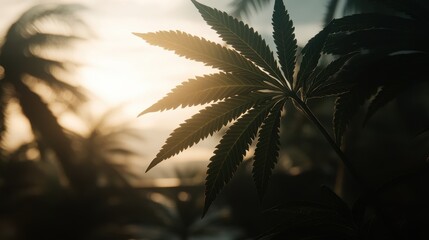 Close-up of cannabis leaf at sunset, tropical setting.