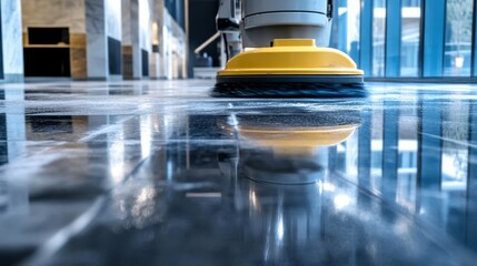 A cleaning machine is polishing a shiny floor in a modern building, highlighting its reflective surface and the surrounding architecture.