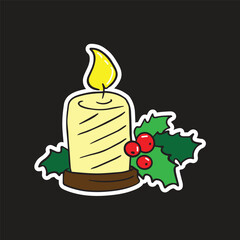cute christmas elements cartoon sticker candle with mistletoe  gifts santa high quality vector in black isolated background