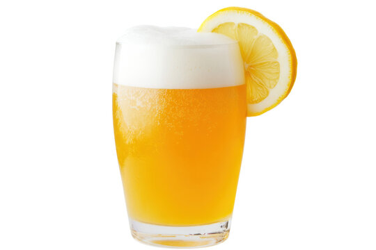 A refreshing glass of wheat beer with a cloudy appearance, topped with a thick, frothy white head. The glass is adorned with a slice of lemon on the rim, creating a vibrant and inviting look.
