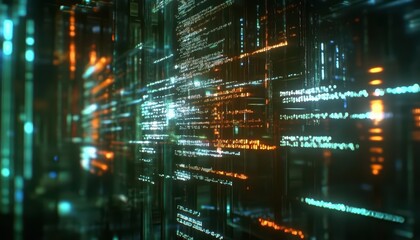 Naklejka premium Abstract digital visualization with glowing data streams and patterns.