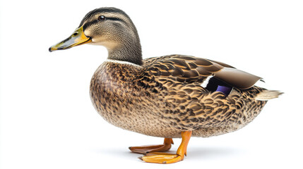 Close-up portrait of a mallard duck showcasing its detailed feather patterns and vibrant colors against a stark white background.