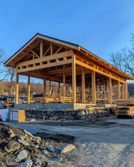 A partially constructed wooden pavilion in a natural setting.