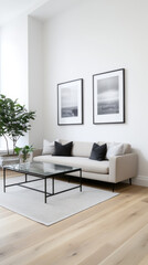 Minimalist living room with a light gray sofa, a simple glass coffee table, and black-and-white framed photography on the walls