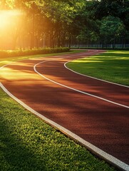 Empty running track with dramatic sunlight, surrounded by lush grass and summer vibes, highlighting fitness and outdoor leisure