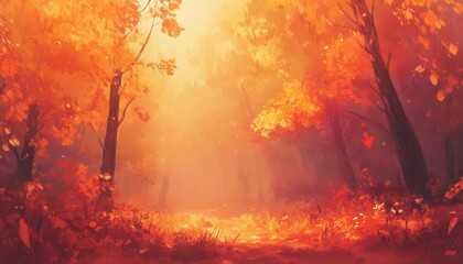A serene autumn forest, vibrant with orange and yellow leaves, illuminated by soft sunlight filtering through the trees.