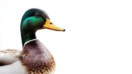Obraz premium A vibrant male mallard duck with iridescent green head and brown body stands out against a stark white background.