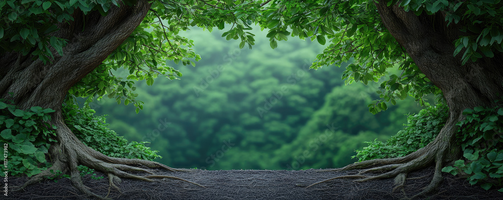 Poster lush green trees frame a peaceful view of a dense forest in soft morning light.