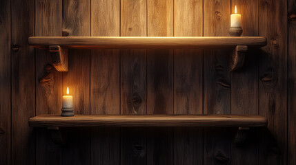 3d Vector Empty Wooden Wood Shelf Shelves Isolated on Wall Background. Vector illustration.