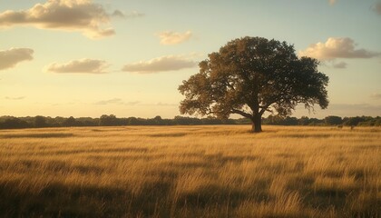 Obraz premium A solitary ork tree stands amidst golden grasslands under a beautiful sunset, capturing the essence of nature's tranquility and beauty.