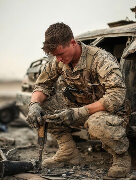 A soldier repairing a vehicle in the field, demonstrating versatility and problemsolving under pressure