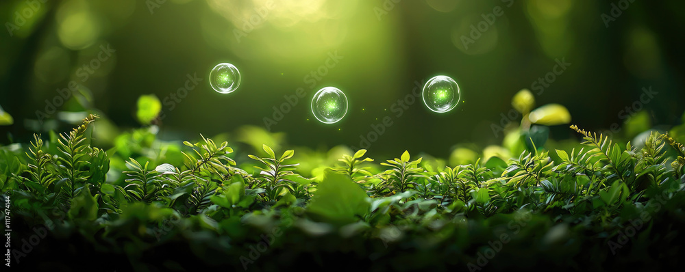 Poster lush greenery with soft sunlight and floating bubbles exuding tranquility and freshness.
