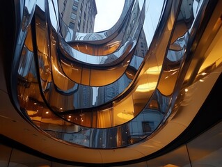 Elegant curve of a modern architectural structure with mirrored surfaces, inspired by fluidity and futuristic designs