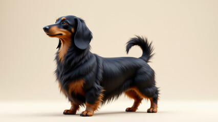 Cute long-haired Dachshund standing on a gray surface with a neutral background.
