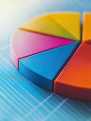 Obraz premium Closeup of a pie chart in vivid colors, emphasizing detailed data distribution and visual appeal, set against a bright background