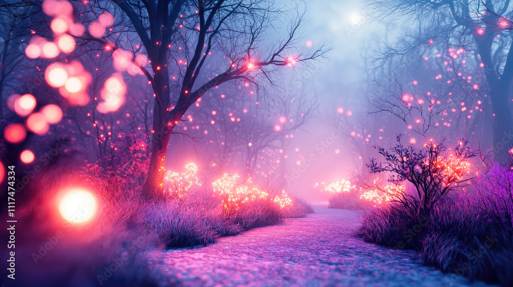 Poster magical forest with glowing light orbs illuminating a mystical pathway at night.