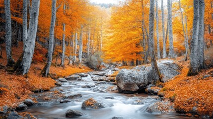 A vibrant autumn forest with trees in shades of gold, orange, and red. The ground is covered in fallen leaves
