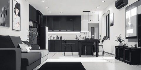 Fototapeta premium Modern and minimalist living room with a sleek black color scheme, featuring comfortable and youthful design elements, complemented by stylish black-themed interior furniture to create a cozy yet cont
