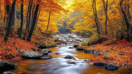 A vibrant autumn forest with trees in shades of gold, orange, and red. The ground is covered in fallen leaves