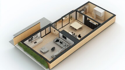A minimalist modular house plan in 3D with clean lines and energy-efficient design