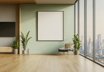 Fototapeta premium Modern interior design with a fresh green color scheme, featuring blank decorative art pieces and ample negative space, complemented by a window showcasing a city skyline in the background, creating a