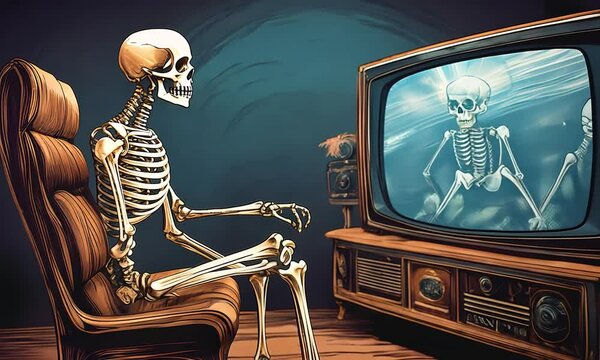 Concept: Media influence, mind control, manipulation, propaganda. A skeleton sits on a chair and watches a retro vintage TV.
