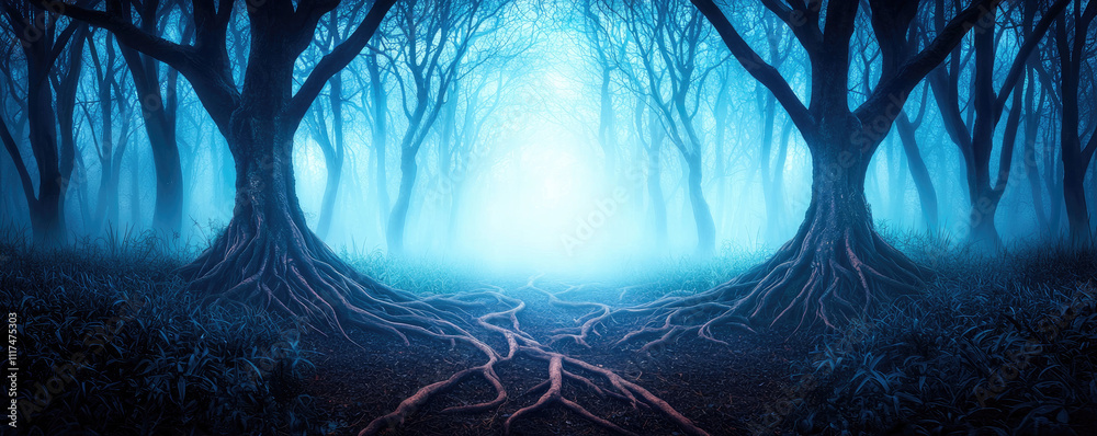 Poster Mysterious forest with ethereal light filtering through dark trees and exposed roots.